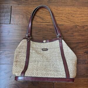Vintage John Romain Woven Straw Wicker Tote Bag Purse Leather Trim 1960s Boho